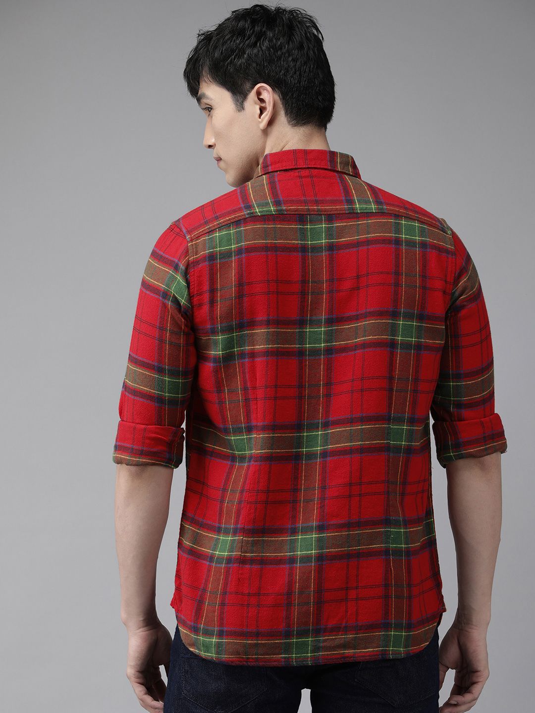 THE BEAR HOUSE Men Red & Green Classic Slim Fit Checked Cotton Casual Shirt