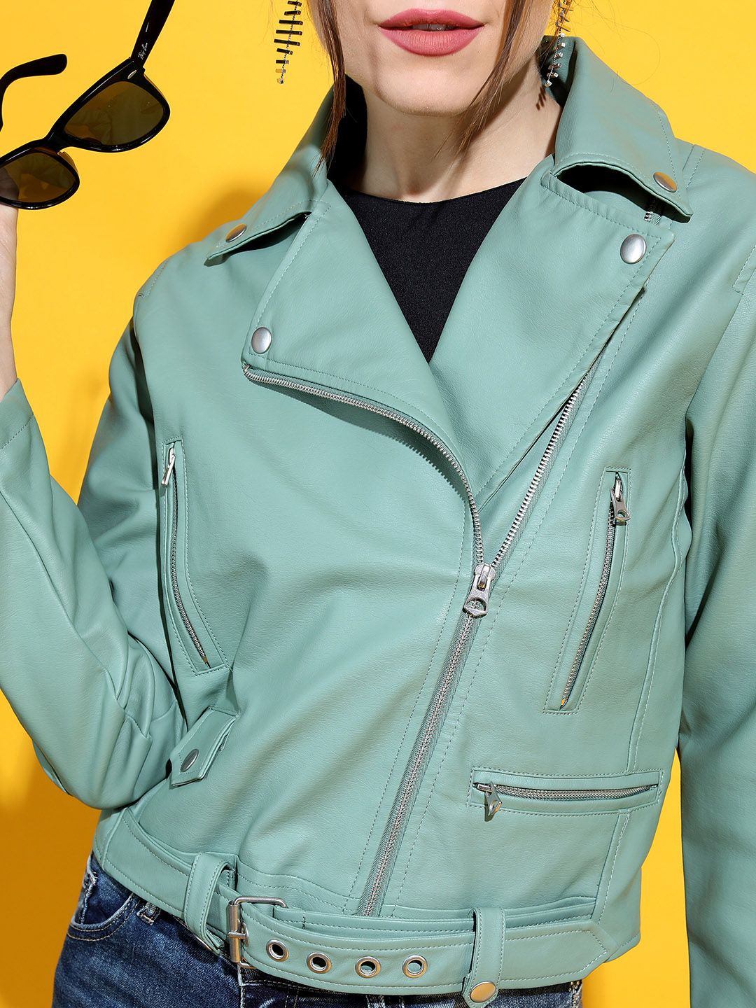 Tokyo Talkies Women Olive Green Crop Biker Jacket