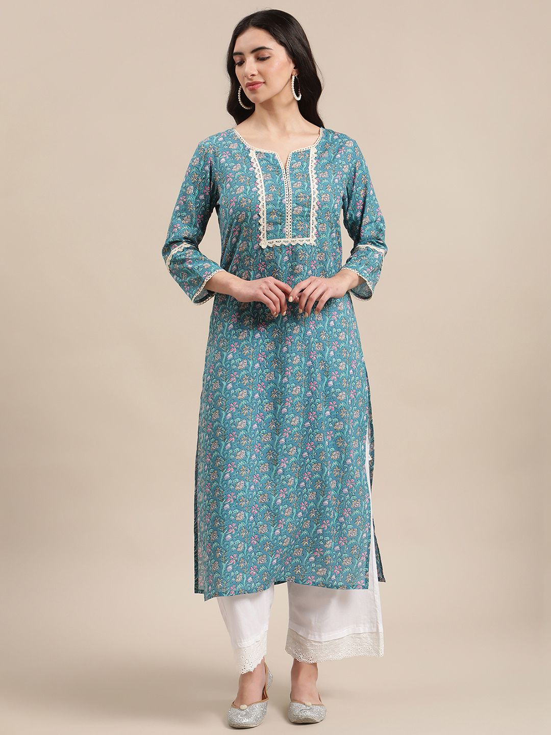 Varanga Women Blue Jaipuri Floral Print Pure Cotton Lace Detailed Kurta