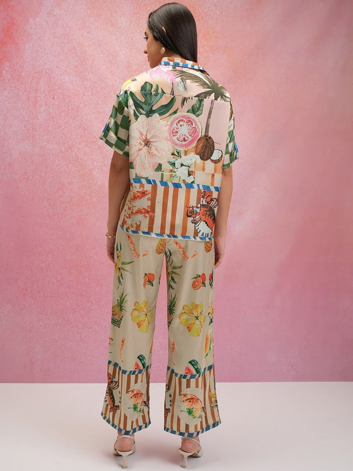 Tokyo Talkies Printed Satin Shirt Collar Shirt With Trousers Co-Ords