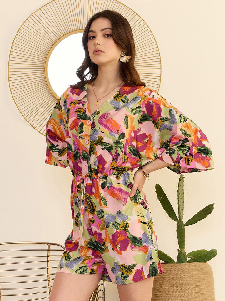 Berrylush Abstract Printed V-Neck Playsuit