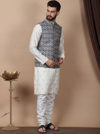 Anouk Cream-Coloured Floral Embroidered Cotton Silk Kurta with Churidar & Nehru Jacket