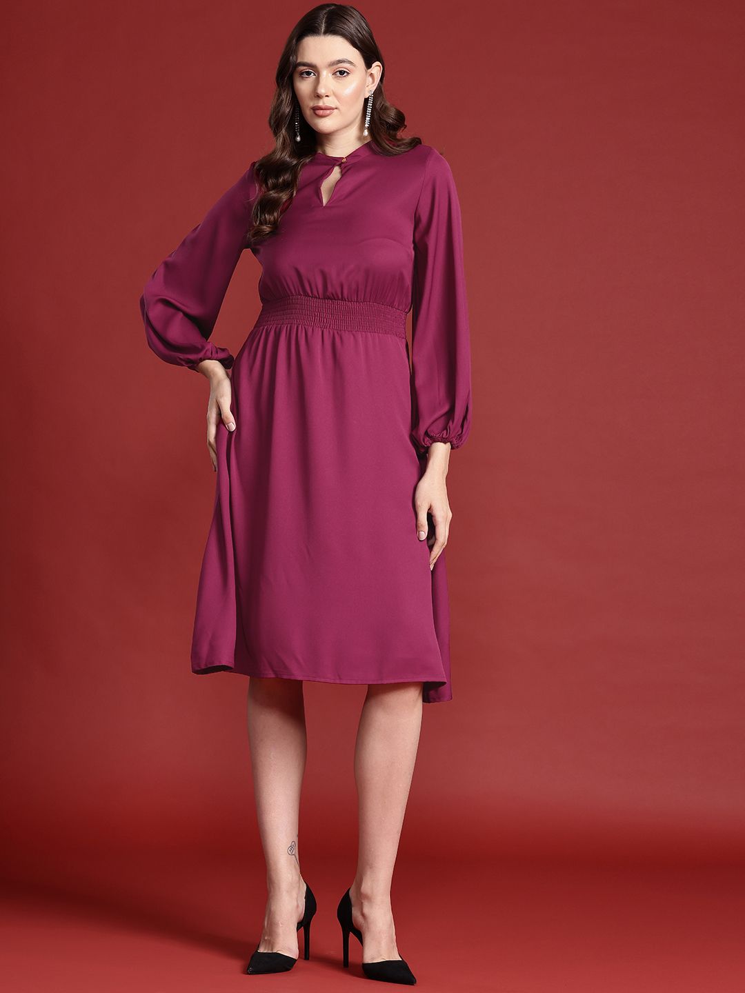 all about you Keyhole Neck Puff Sleeves Smocked Detail Fit & Flare Dress