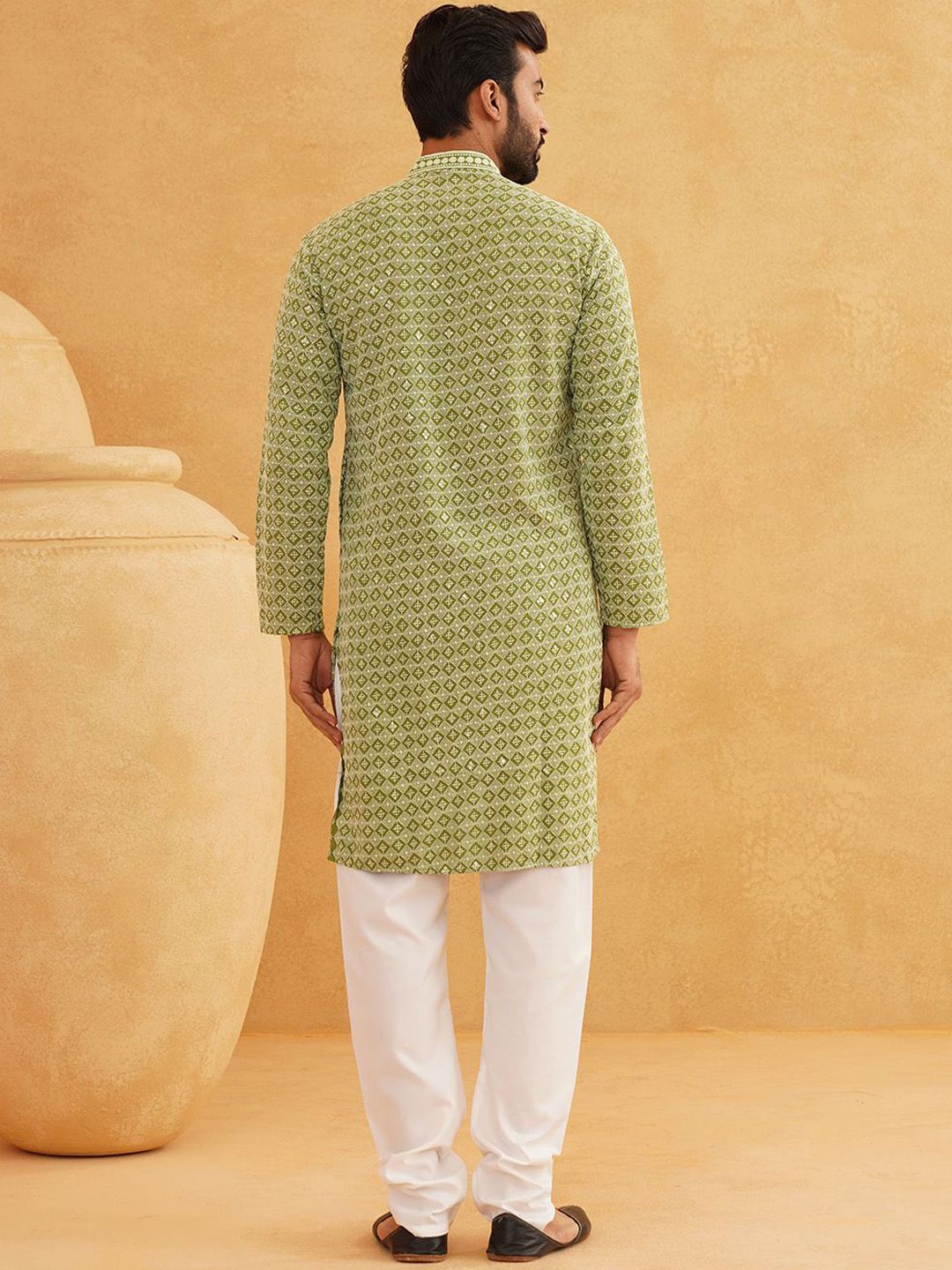 SOJANYA Geometric Embroidered Regular Sequinned Pure Cotton Kurta With Churidar