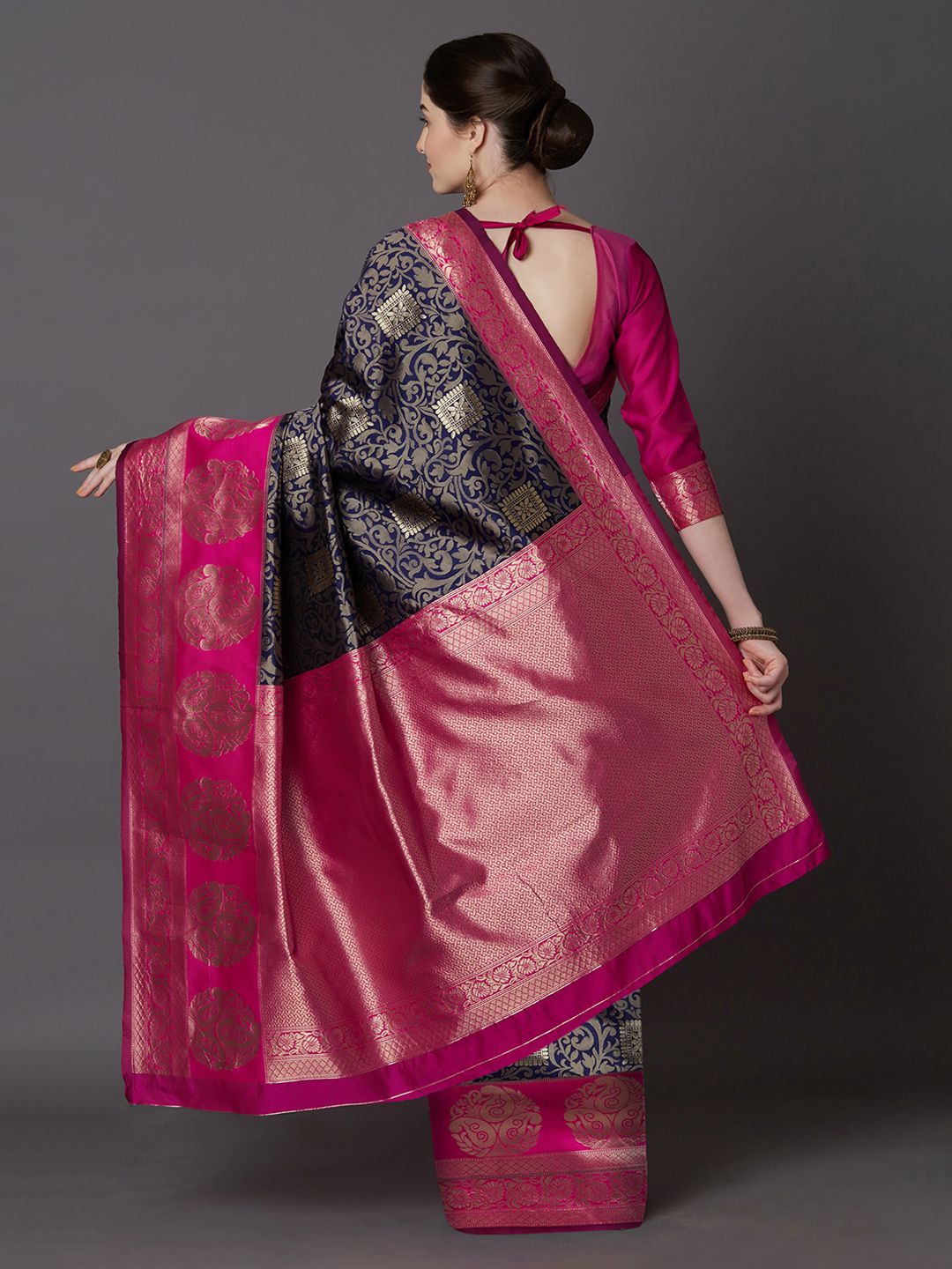 Mitera Blue & Magenta Silk Blend Woven Design Kanjeevaram Saree