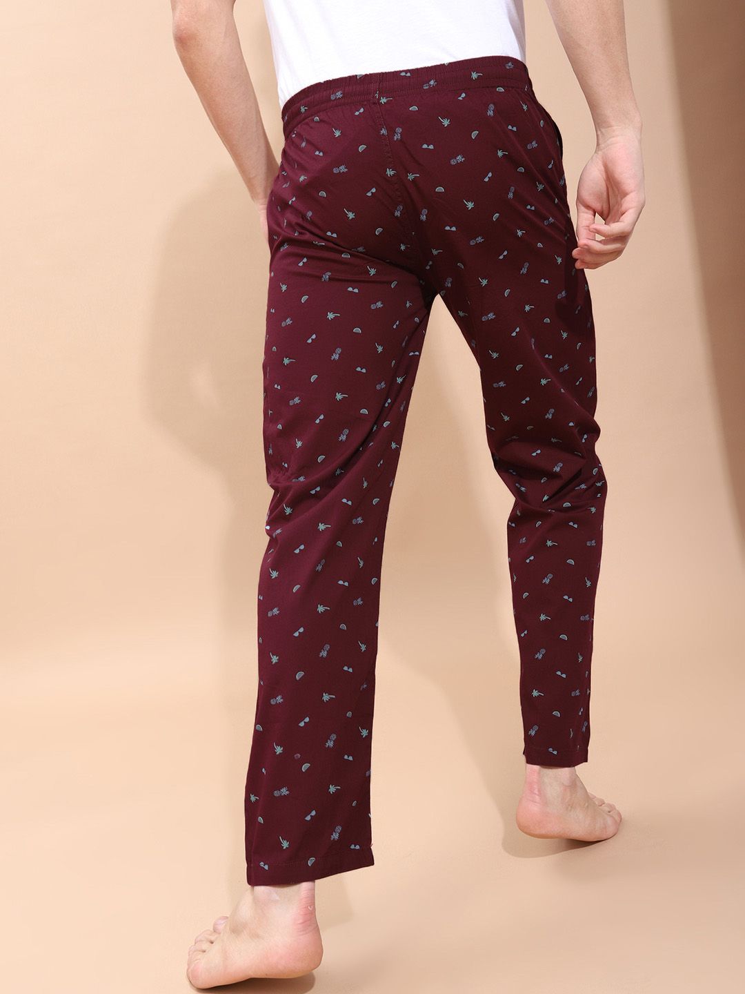 The Indian Garage Co Men's Burgundy and Blue Printed Pure Cotton Lounge Pants