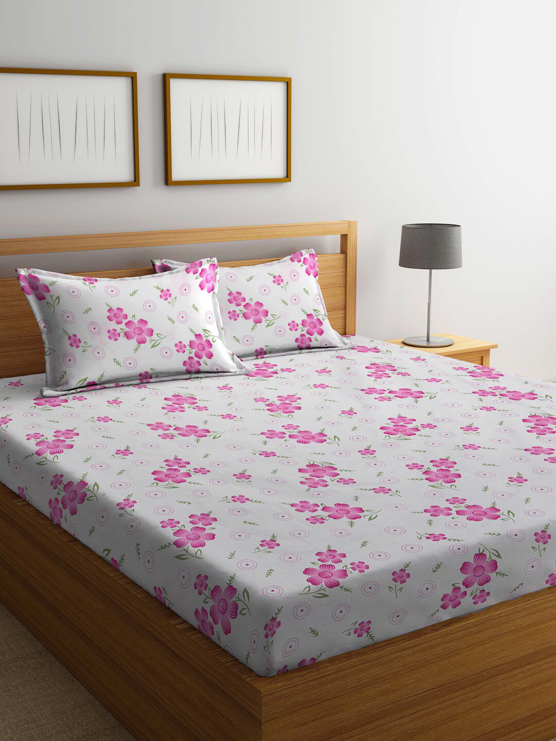 KLOTTHE White & Pink Floral Printed 300TC Double King Cadar Dengan 2 Sarung Bantal