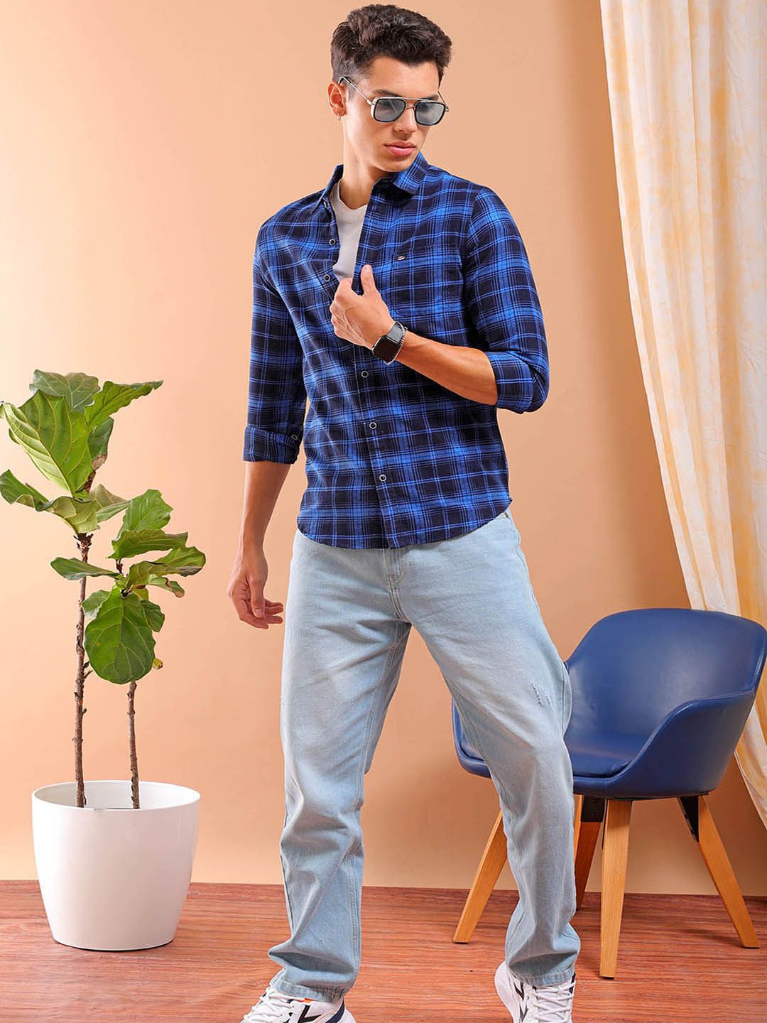 The Indian Garage Co Slim Fit Tartan Checked Cutaway Collar Twill Weave Pure Cotton Shirt