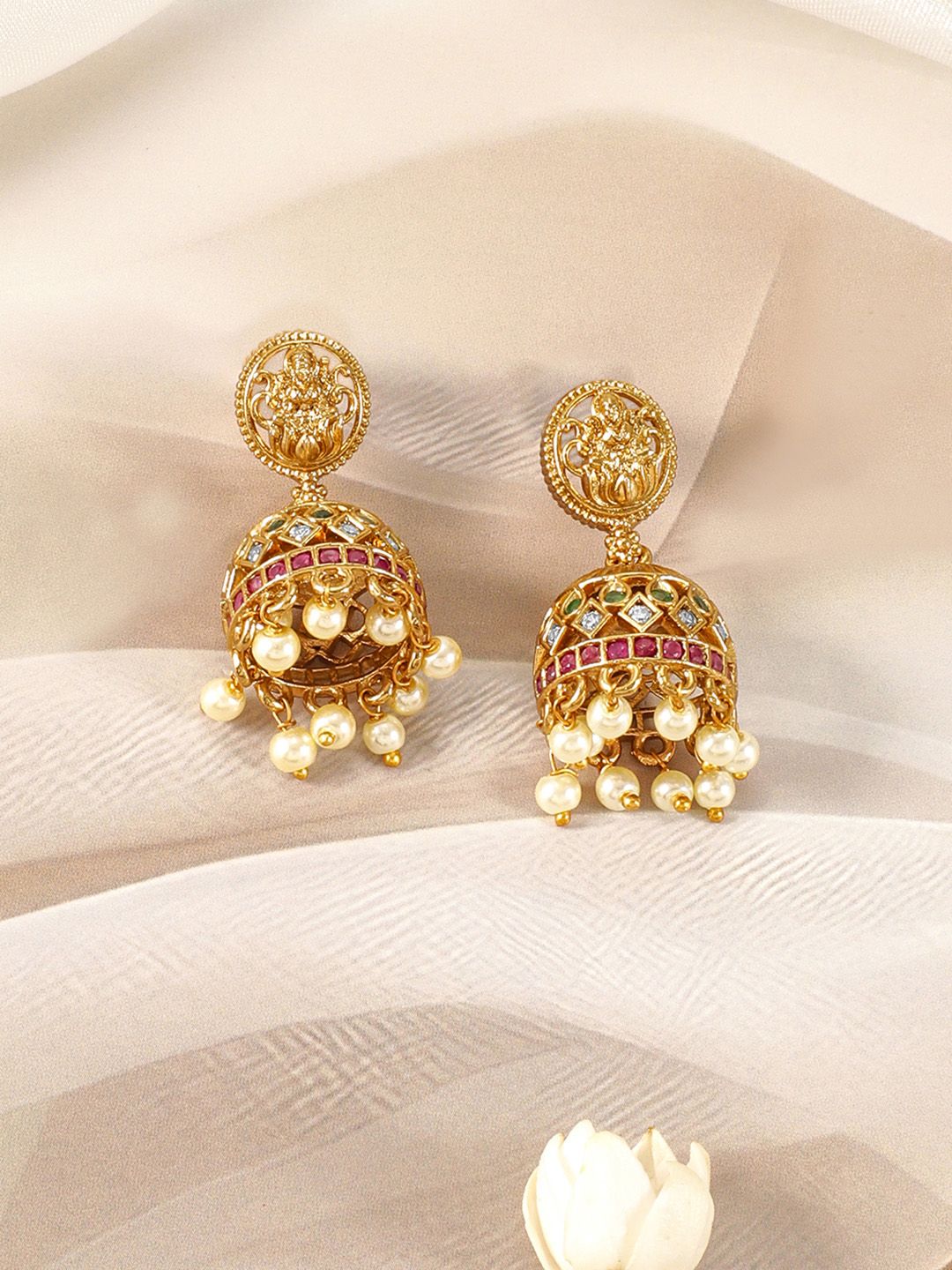 Rubans 22KT Gold-Plated Cubic Zirconia Studded Laxmi Temple Jewellery Set