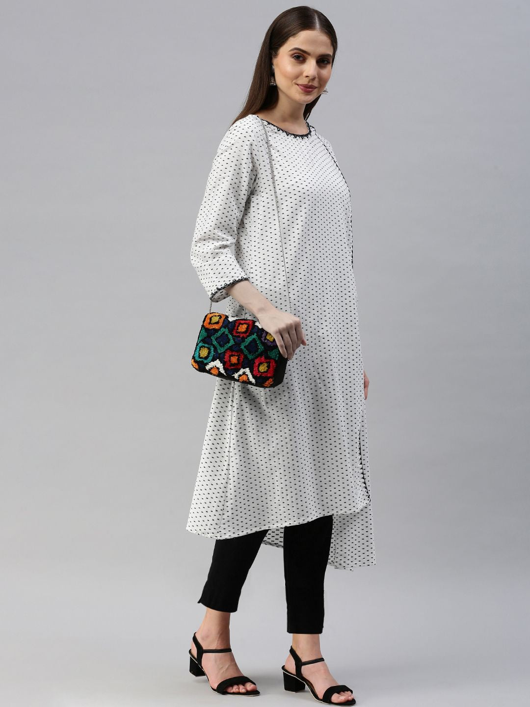 Global Desi Women White & Black Ethnic Motifs Printed Kurta
