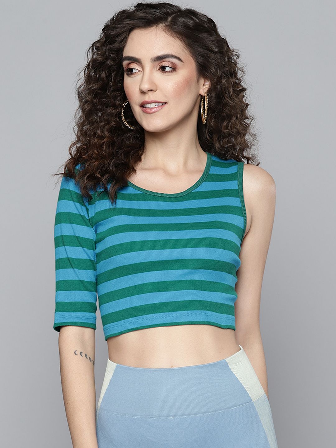 SASSAFRAS Blue & Green Striped One Sleeved Crop Top