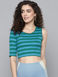 SASSAFRAS Blue & Green Striped One Sleeved Crop Top