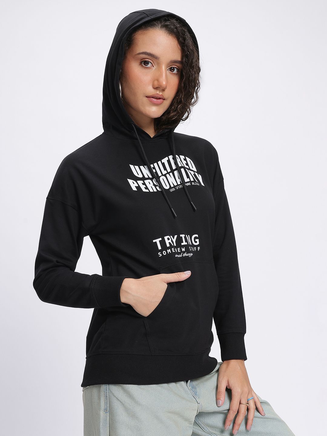 DressBerry Monochrome Typography Print Hooded Drop-Shoulder Sweatshirt