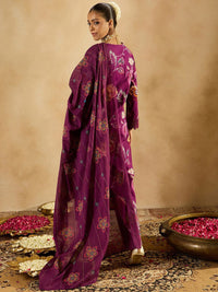 Indo Era Burgundy Floral Printed V-Neck Sequinned Pure Cotton Straight Kurta Set