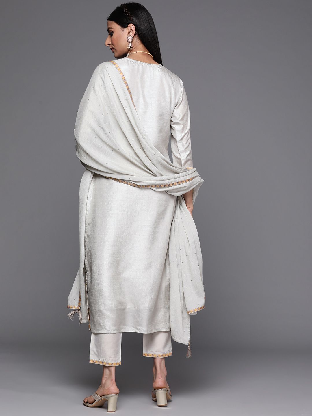 Libas Women Grey & Gold Ethnic Motifs Straight Kurta with Trousers & With Dupatta