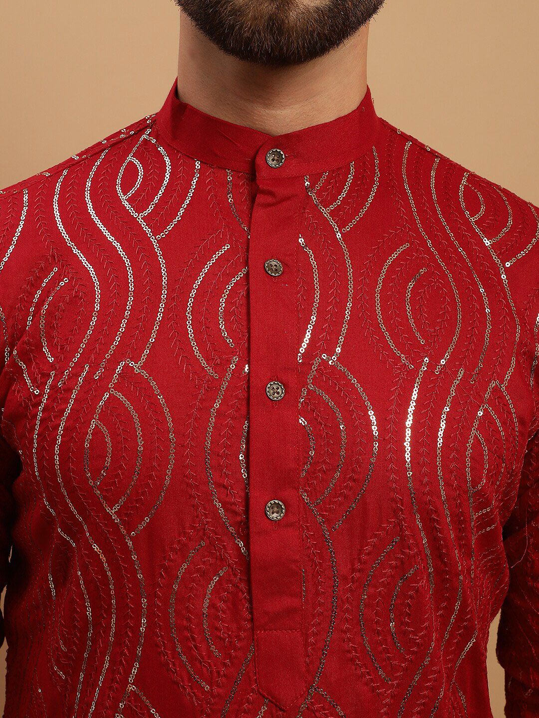 SOJANYA Kurta Kapas Tulen Bersulam Labuci dengan Jaket Churidar & Nehru Bersulam