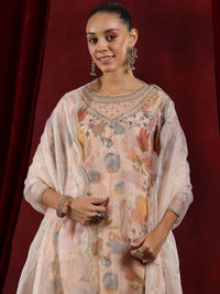 Libas Floral Printed Round Neck Regular Thread Work Organza Kurta With Trousers & Dupatta