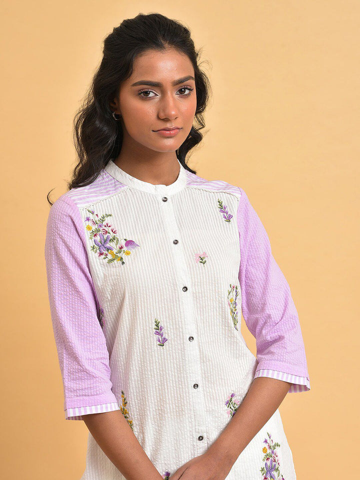 W Floral Printed Mandarin Collar Pure Cotton Straight Kurta