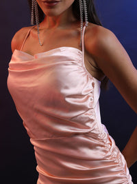Tokyo Talkies Peach-Coloured Shoulder Straps Ruched A-Line Maxi Dress