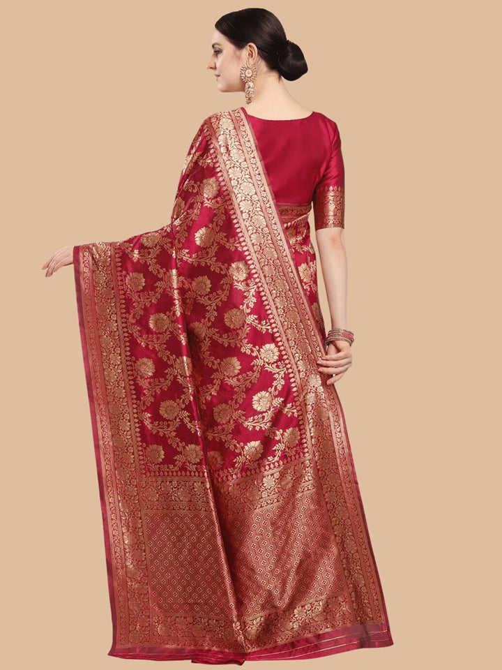 KALINI Maroon & Gold Ethnic Motifs Zari Silk Blend Banarasi Saree