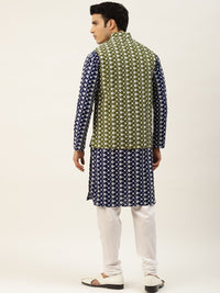 SOJANYA Men Navy Blue Chikankari Embroidered Kurta with Churidar & Nehru Jacket