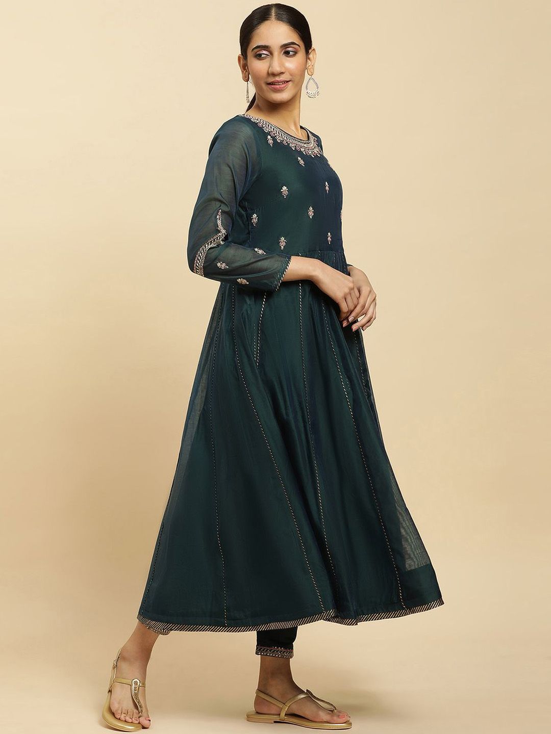 W Ethnic Motifs Embroidered Round Neck Thread Work Anarkali Kurta With Trousers & Dupatta