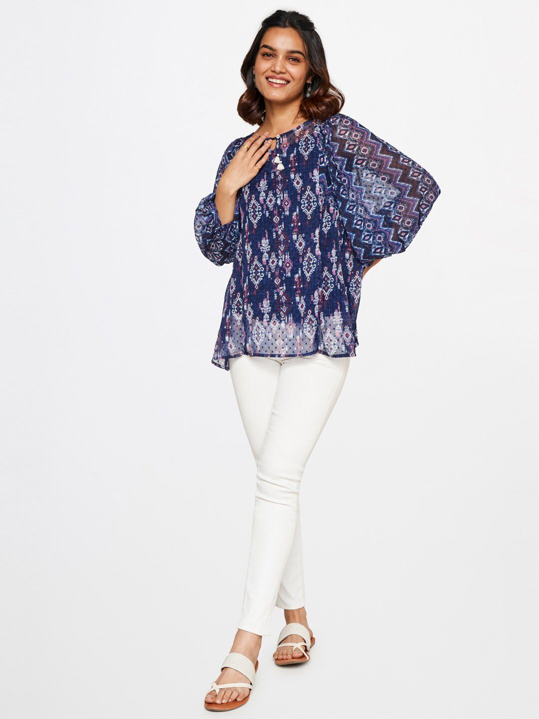 Global Desi Printed Keyhole Neck Top