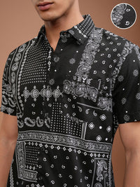 HIGHLANDER Men Black Slim Fit Opaque Printed Casual Shirt