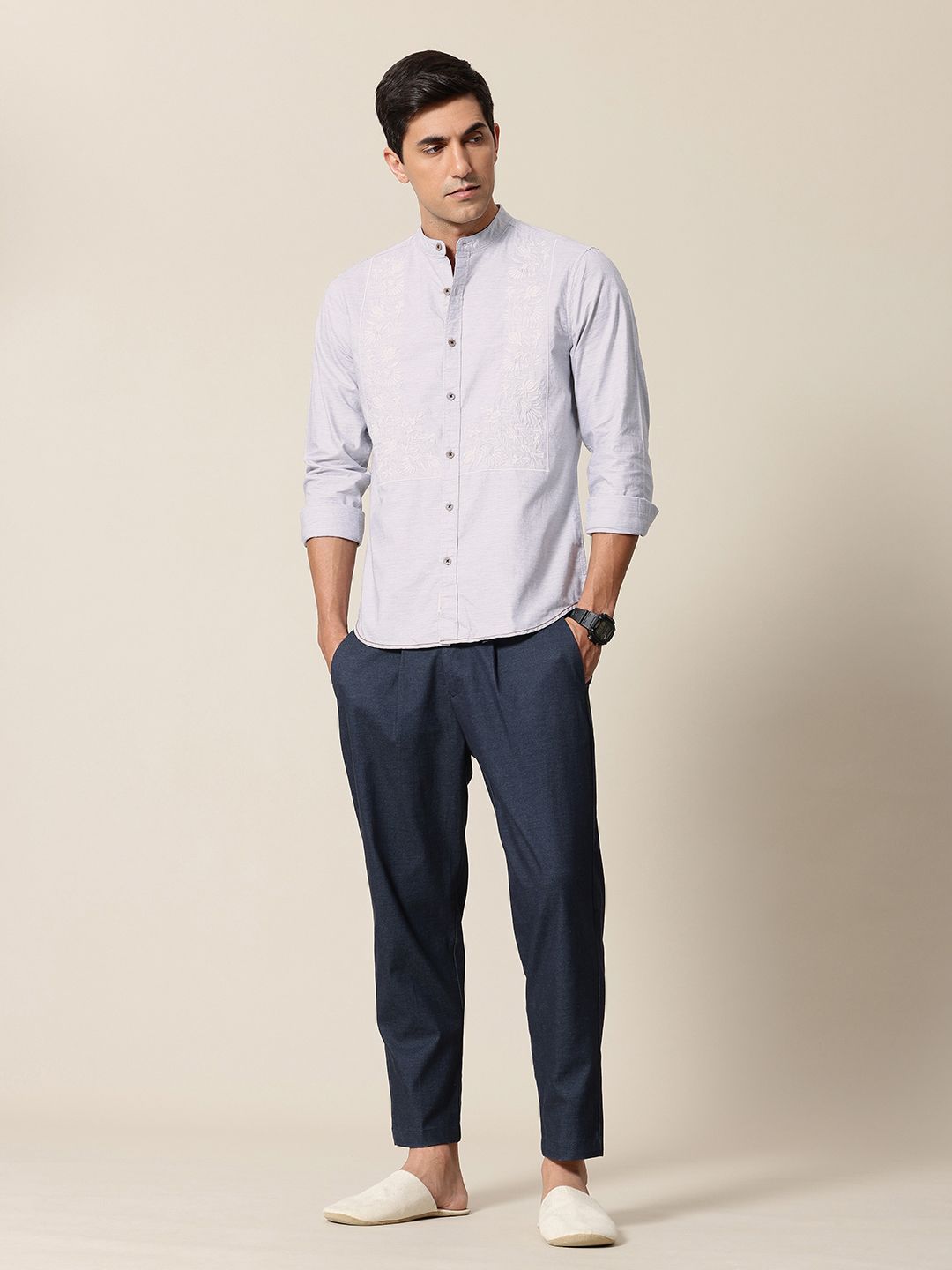 Mr Bowerbird Tailored Fit Floral Embroidered Band Collar Pure Cotton Casual Shirt