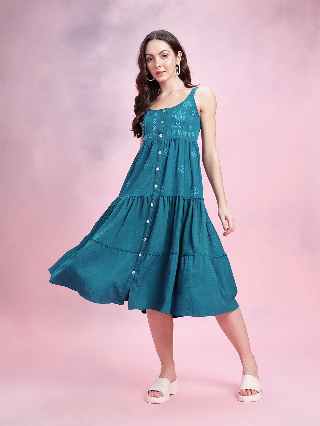 DressBerry Floral Embroidered Tiered Fit & Flare Midi Dress