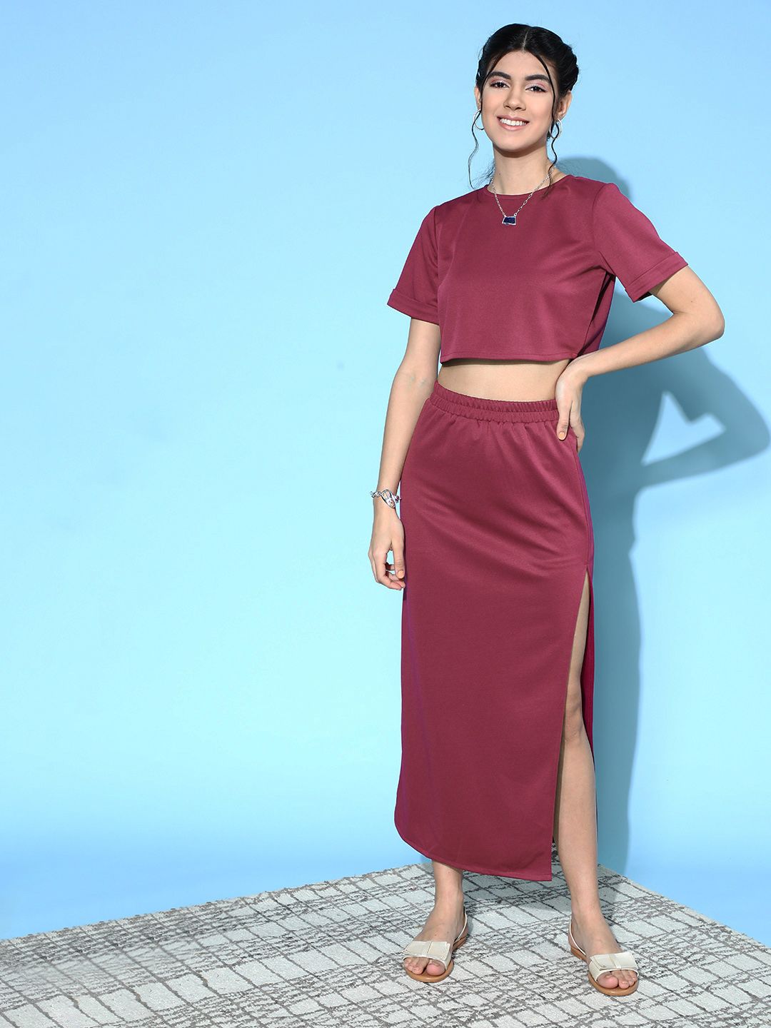 Athena Women Elegant Mauve Solid Top with Skirt