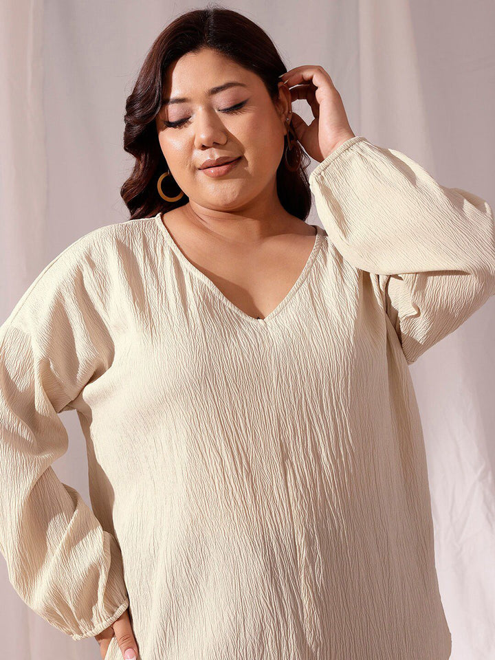 CURVY STREET Self Design V-Neck Drop-shoulder Sleeves Regular Top