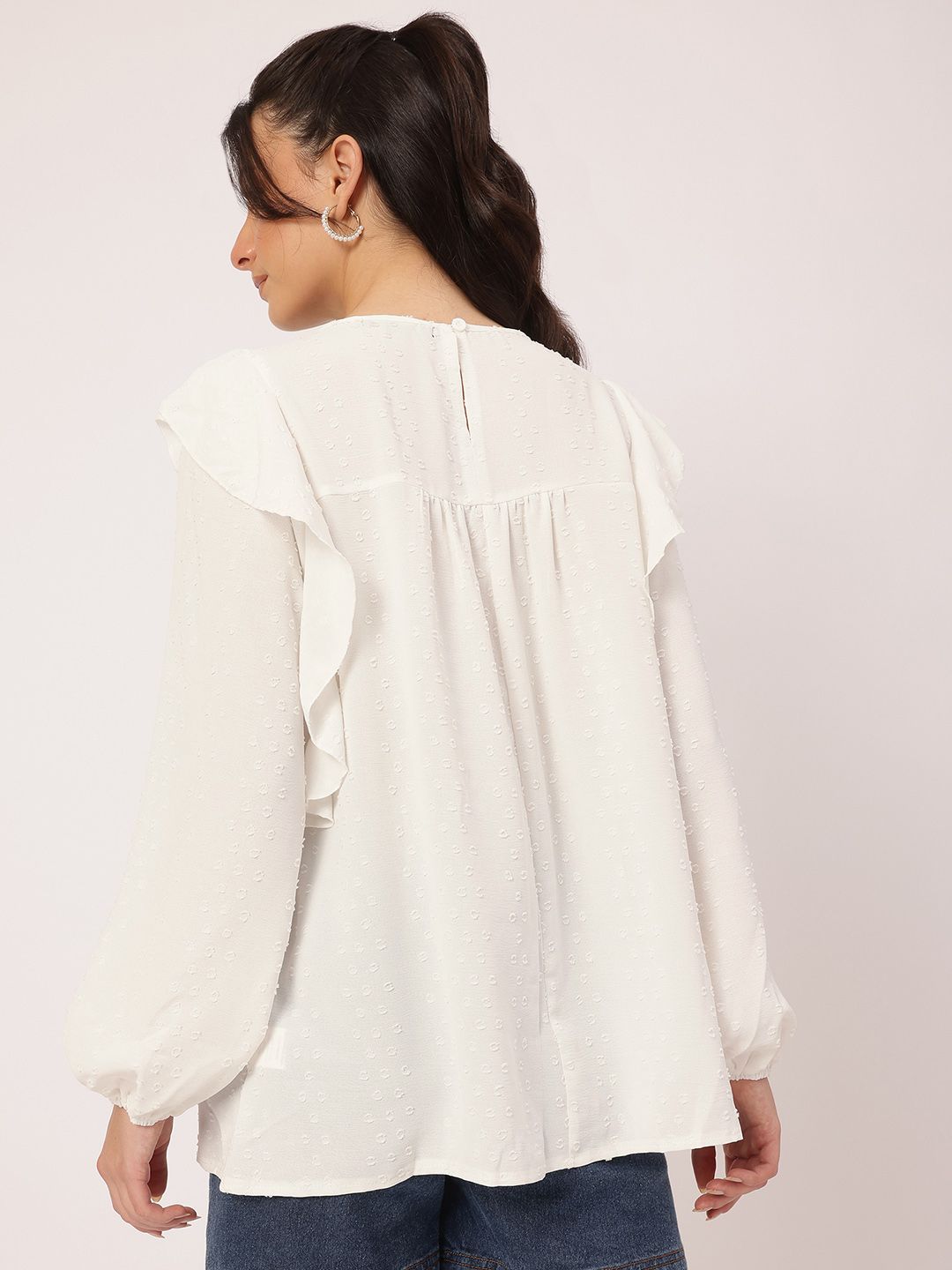 DressBerry Free Spirit Fit Dobby Weave Lace Inserts Ruffled Top
