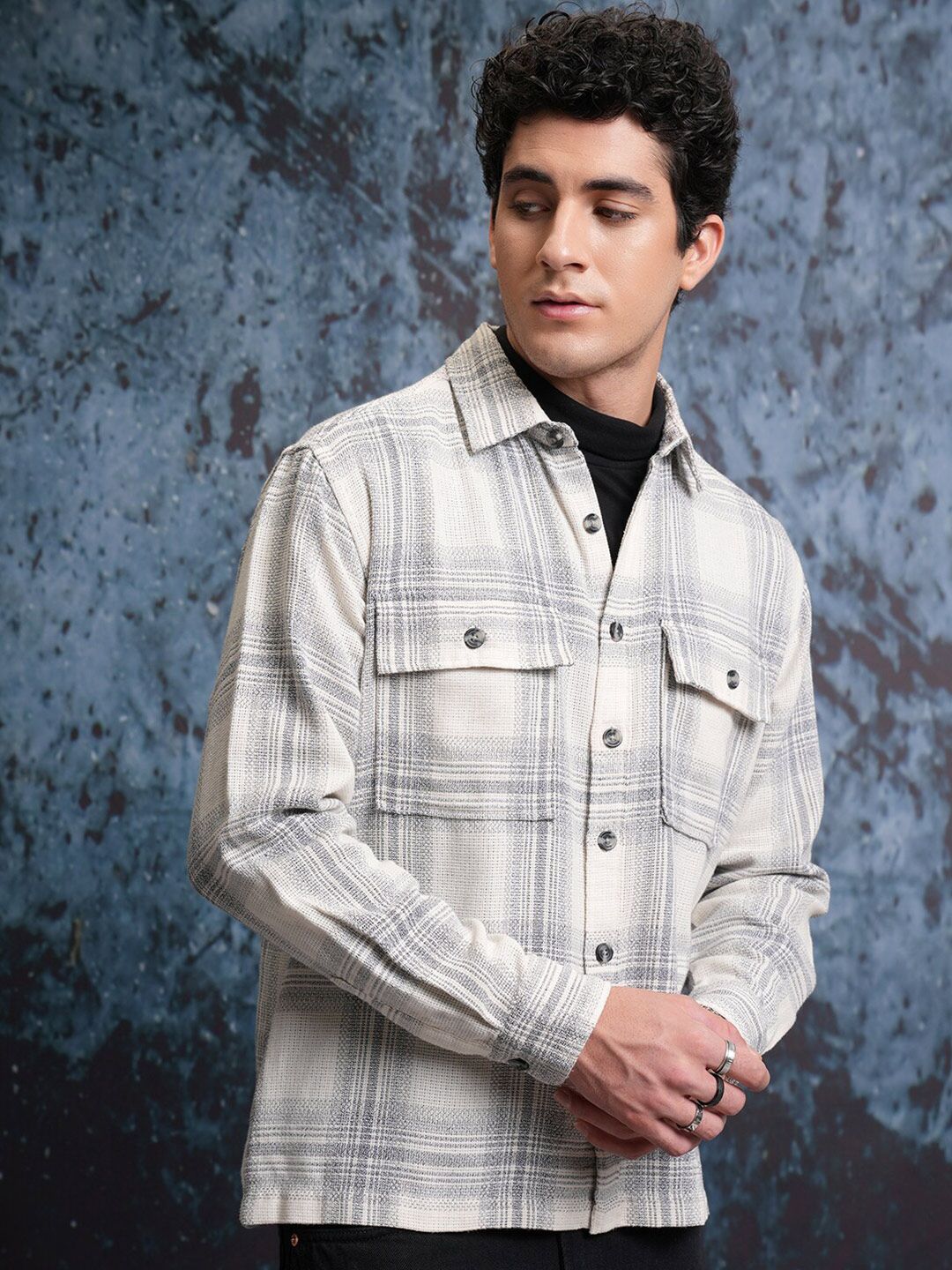 Locomotive Men Cream Grindle Mock Lino Dobby Textured Checked Utility Pocket Overshirt