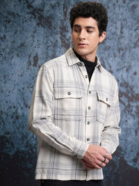 Locomotive Men Cream Grindle Mock Lino Dobby Textured Checked Utility Pocket Overshirt