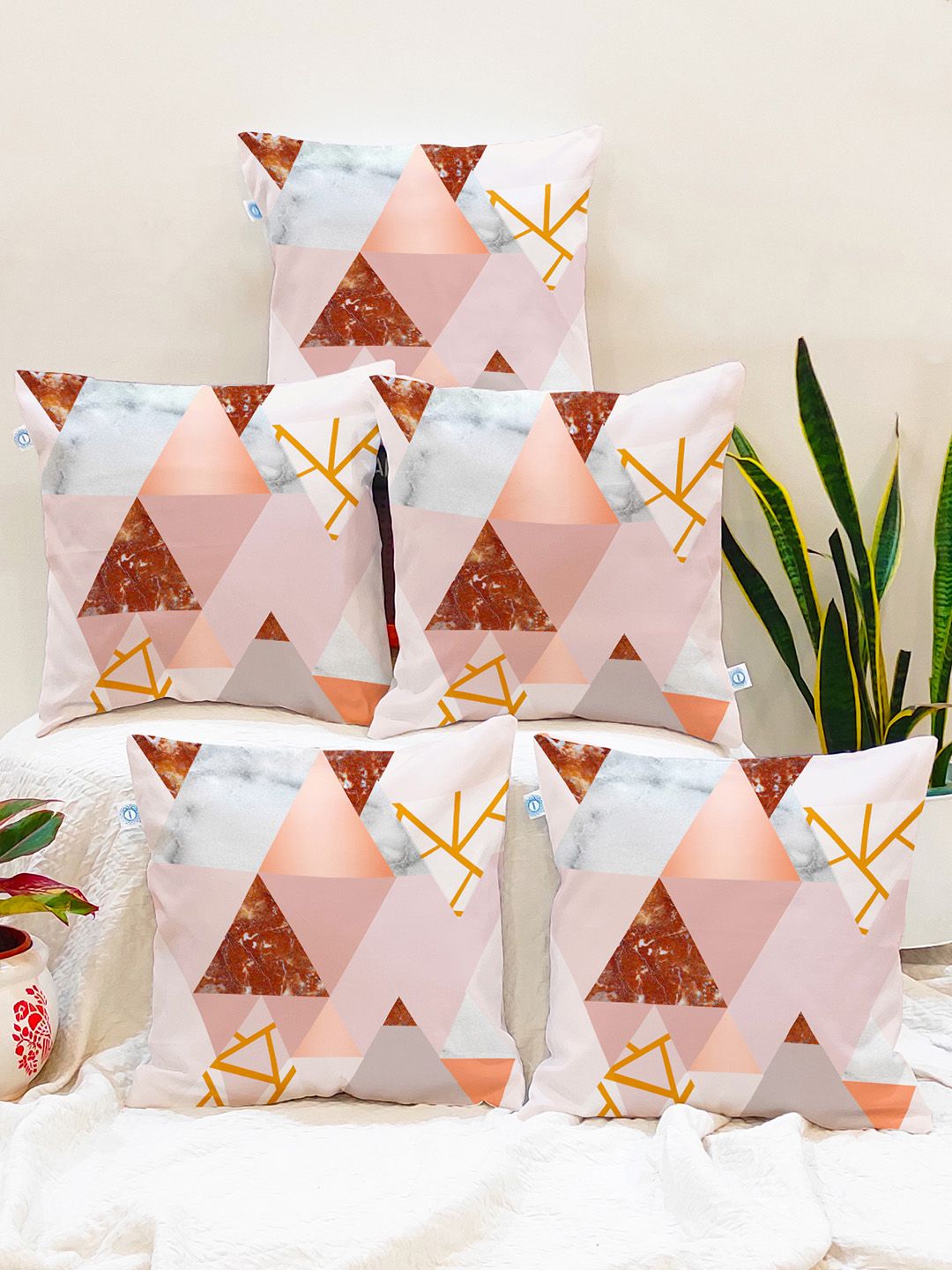 STITCHNEST Brown & Pink Set of 5 Abstract Square Cushion Covers