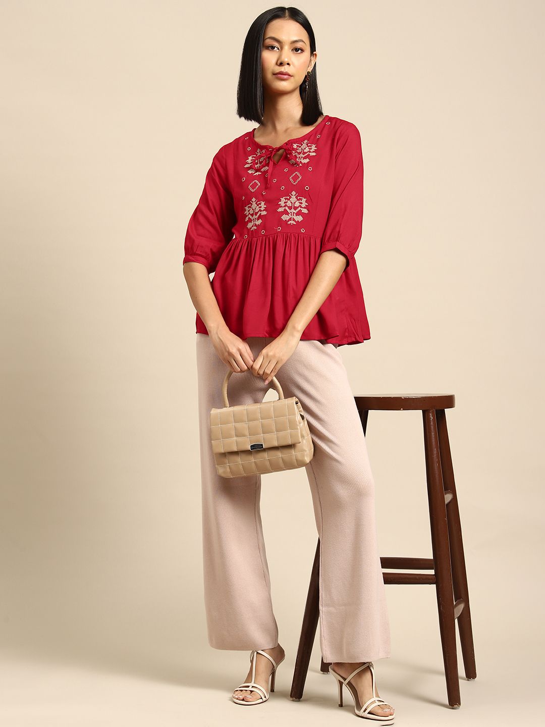 all about you Embroidered Tie-Up Neck Top
