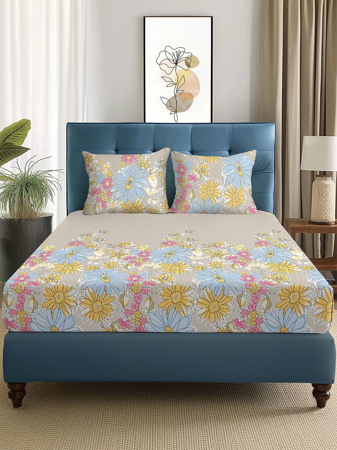 Story@home Arena Beige & Yellow Floral Printed 180 TC Queen Bedsheet & 2 Pillow Covers