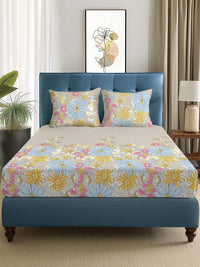 Story@home Arena Beige & Yellow Floral Printed 180 TC Queen Bedsheet & 2 Pillow Covers