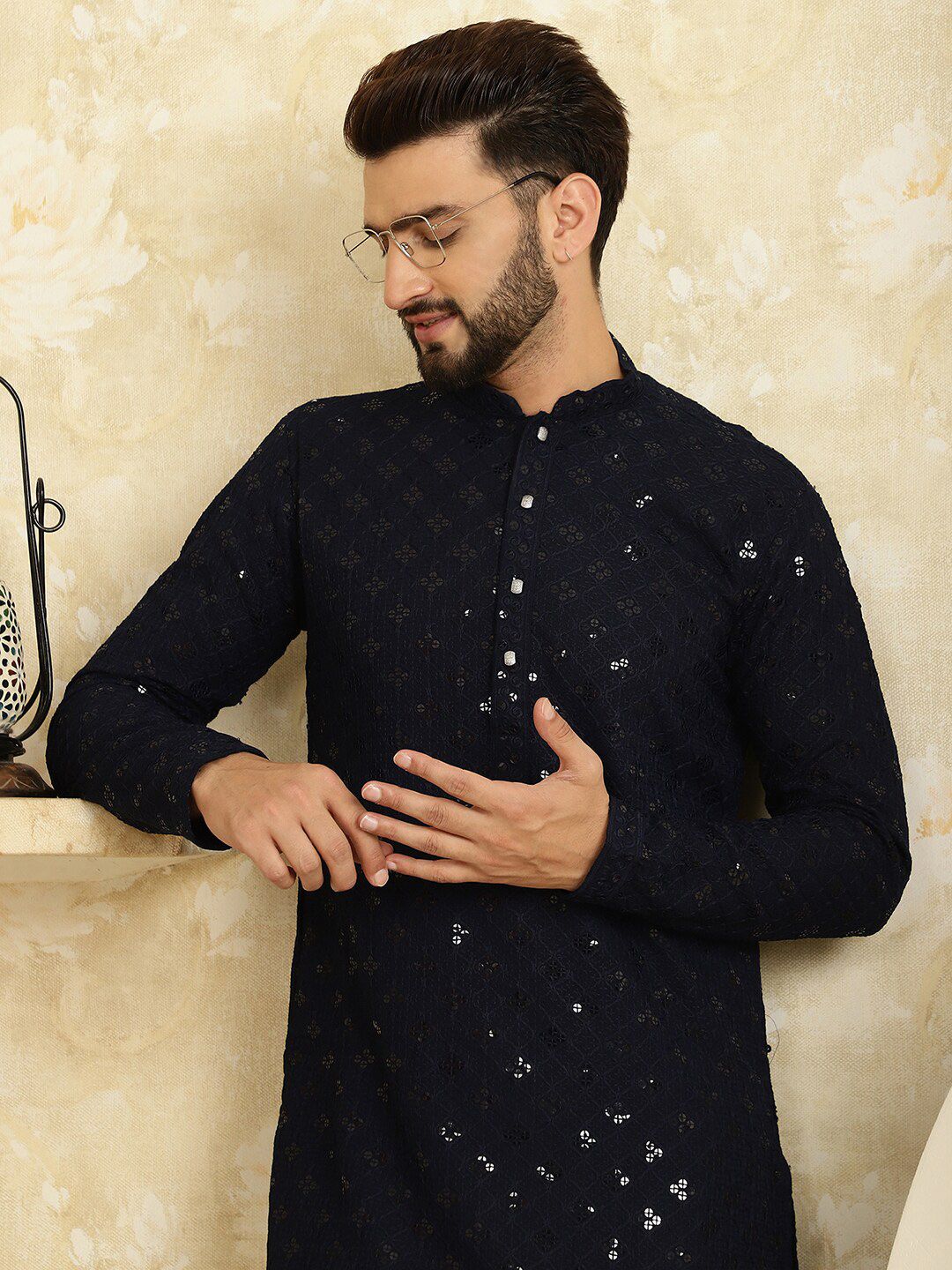 SOJANYA Embroidered Sequinned Mandarin Collar Pure Cotton Kurta
