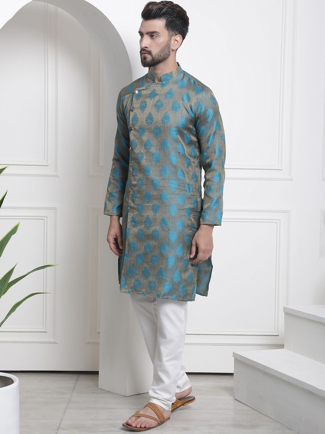 SOJANYA Woven Design Mandarin Collar Angrakha Kurta with Churidar