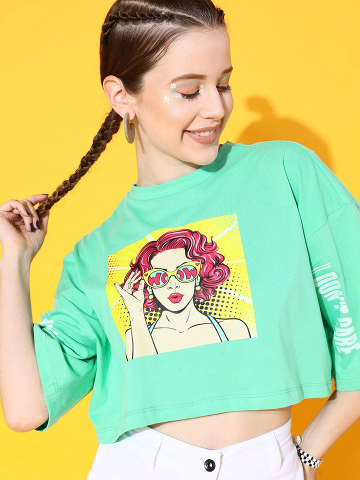 STREET 9 Women Sea Green Printed Tshirt