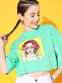 STREET 9 Women Sea Green Printed Tshirt