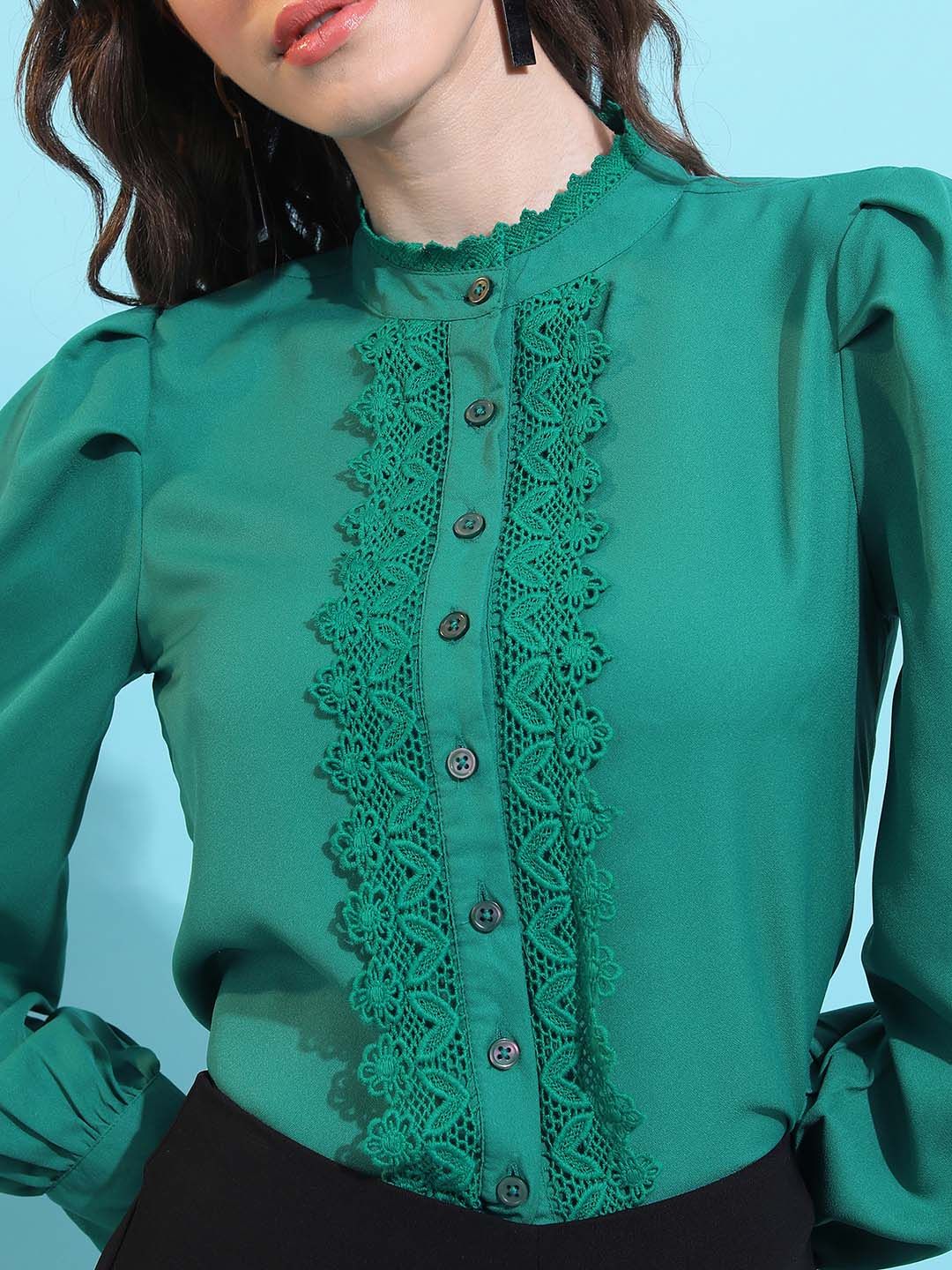 Tokyo Talkies Green Self Design High Neck Lace Inserts Shirt Stye Top