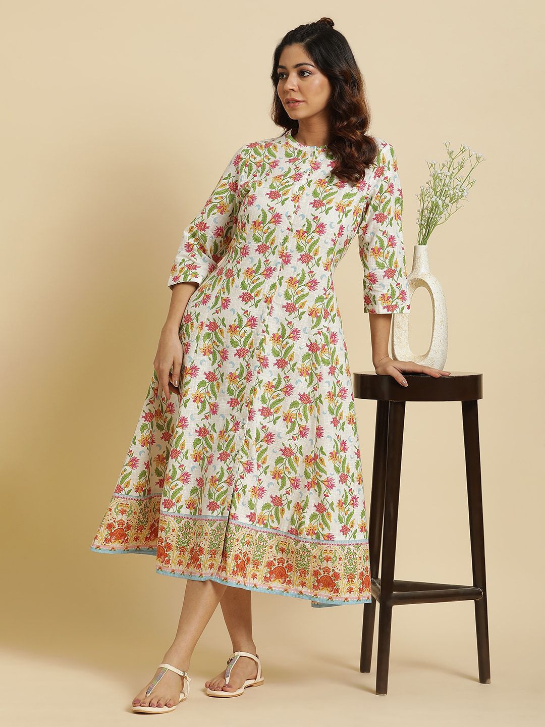 W White Floral Printed Pure Cotton A-Line Midi Dress