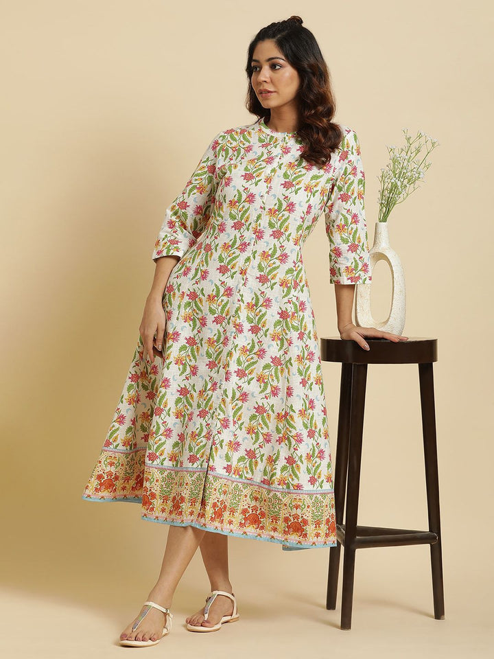 W White Floral Printed Pure Cotton A-Line Midi Dress