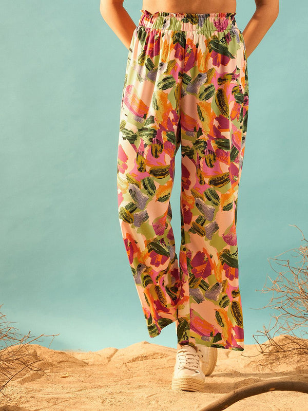 Berrylush Women Pink Floral Printed Relaxed Straight Leg High-Rise Parallel Trouser