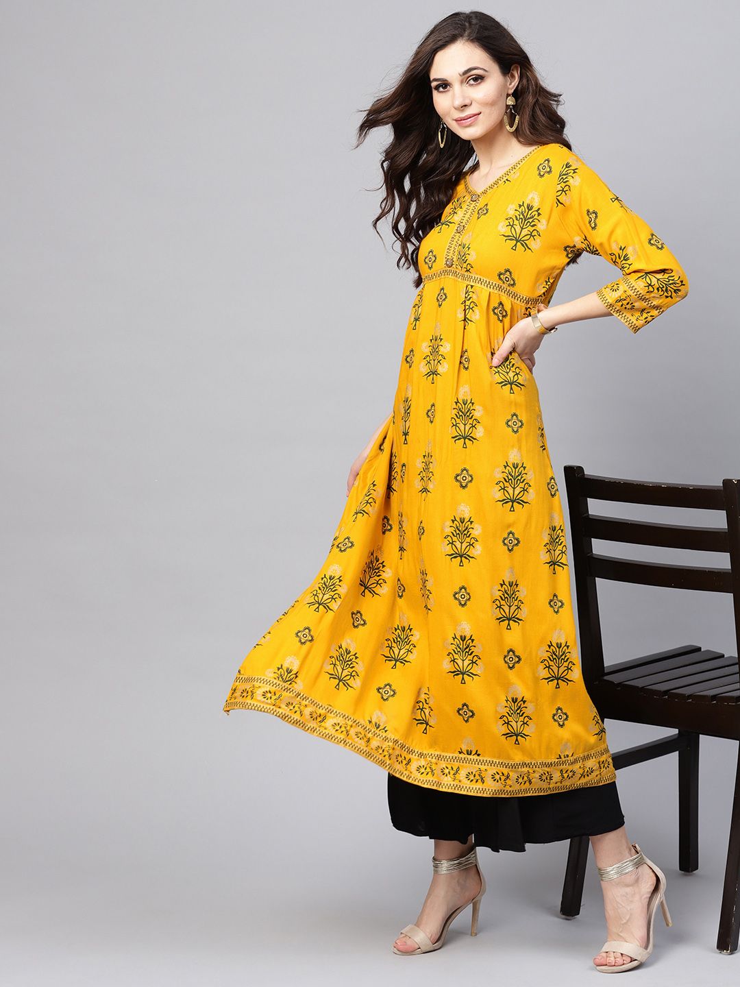 SOJANYA Kurta A-Line Bercetak Mustard Wanita Kuning & Hijau