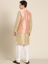 SOJANYA Men Beige Thread Work Straight Kurta Churidar with Nehru Jacket