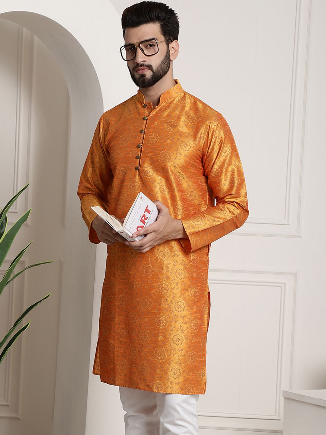 SOJANYA Men Orange & Brown Ethnic Motifs Printed Kurta
